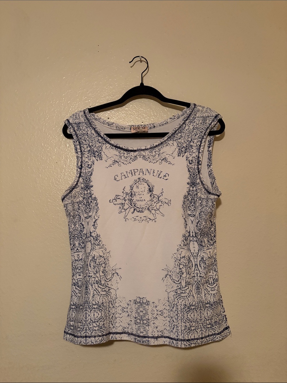 MKM Designs White Tank with Blue Ornate Print